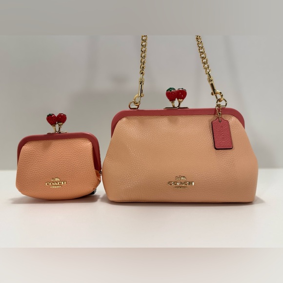 Handbags - COACH Nora Kisslock Crossbody With Strawberry 🍓Leather Gold/Faded Blush/Taffy